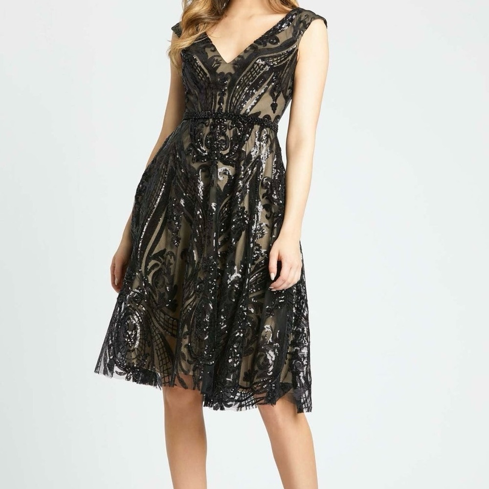 Mac Duggal 67514 Black Sequin Dress Tea Length Formal Cocktail Size 2 NWT